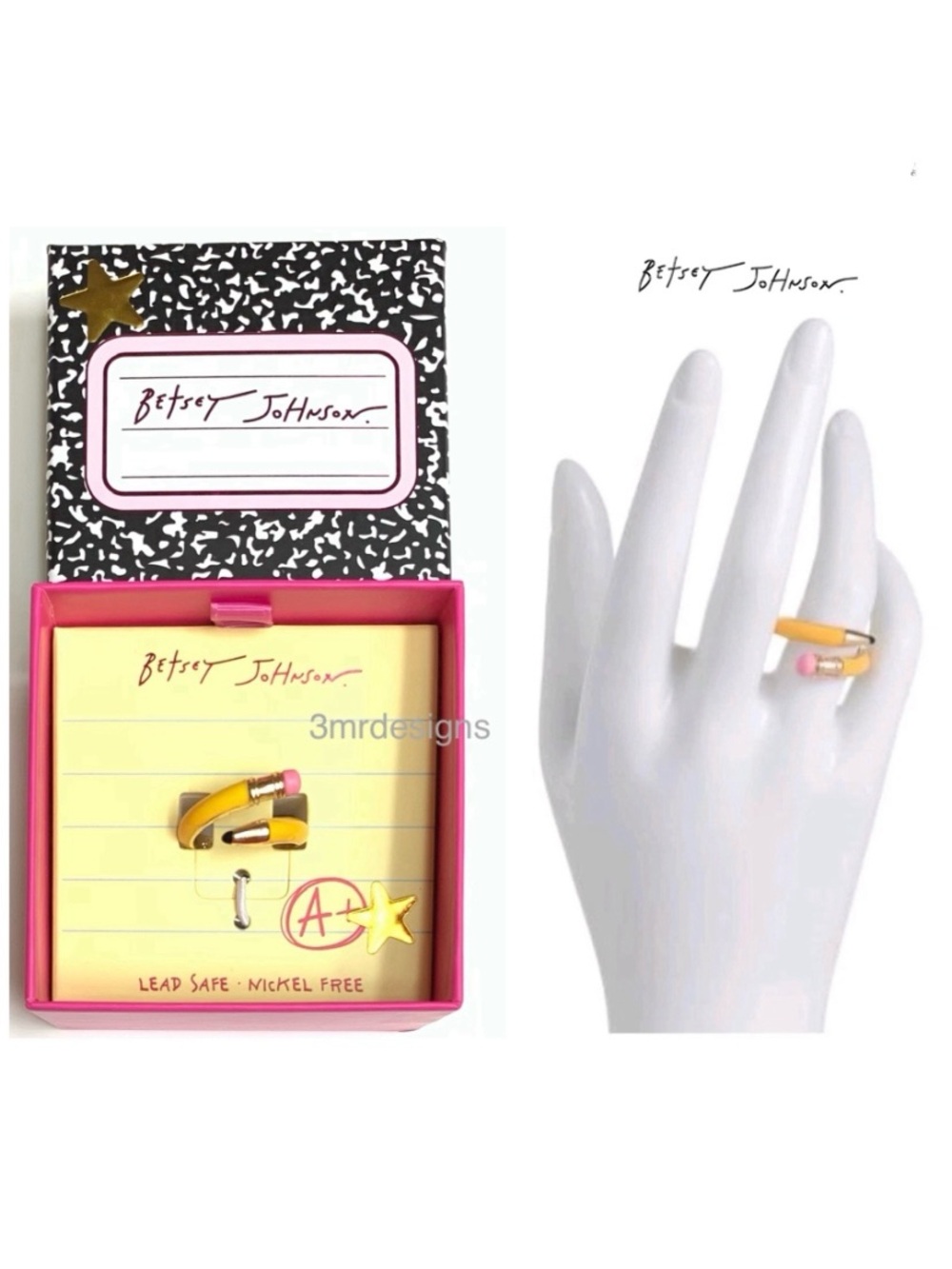 NIB Betsey Johnson💋BEST IN CLASS Gold Tone Yellow Coated Enamel Pencil Wrap Ring